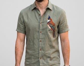 Męska koszula z bawełny konopnej z haftem przedstawiającym ptaki – Sustainable Artisan Apparel