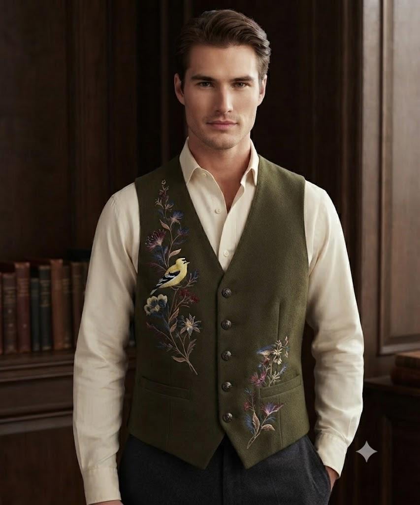 Custom Embroidered Cotton Hemp Vest, Botanical Bird Tailored Waistcoat