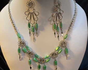 Murano glass bead Peruvian silver chain necklace set. Flower