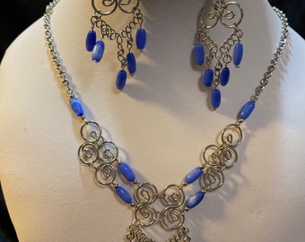 Murano glass bead Peruvian silver chain necklace set. Royal blue