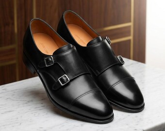 Calzature eleganti da uomo nere con doppia fibbia, realizzate a mano / Mocassini da sposo personalizzati