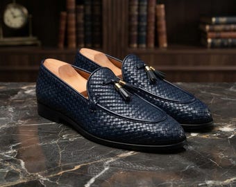 Mocasines de cuero azul trenzado hechos a mano / Ropa de fiesta para hombre