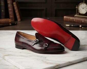 Mocassini da uomo in pelle marrone con doppia fibbia, fatti a mano, scarpe nere