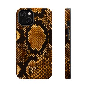 May include: A smartphone case featuring a detailed brown and black snakeskin pattern. The design covers the entire back and side edges of the case, showcasing a realistic reptilian scale texture with dark brown accents and lighter golden-brown highlights.