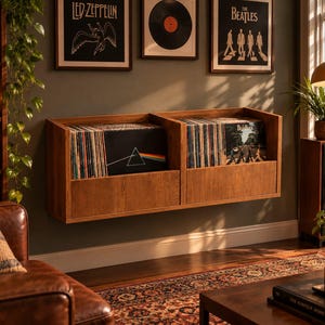Può includere: Una mensola in legno montata a parete per dischi in vinile con due scomparti aperti pieni di dischi. La sezione sinistra mostra la copertina di un album dei Pink Floyd, mentre quella destra mostra una copertina dei Beatles, disposte in file.