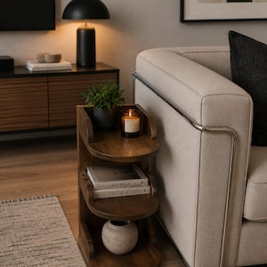 Peut inclure: Une table d'appoint en bois à trois niveaux avec une finition brun foncé et des bords incurvés. L'étagère supérieure contient une petite plante verte et une bougie allumée. L'étagère centrale porte les livres Kinfolk et Live Beautiful.
