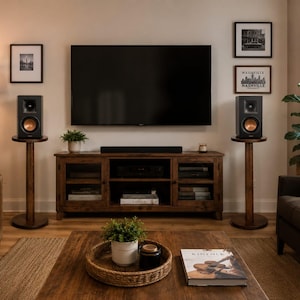 May include: A living room setup featuring a large flat-screen television mounted above a dark wood media console. Two black speakers with copper-colored circular drivers sit on tall wooden stands on either side of the console, with a soundbar centered below the television.