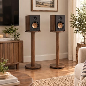 Può includere: Due supporti per altoparlanti in legno con finitura marrone scuro, ciascuno dotato di base circolare, colonna centrale cilindrica e piattaforma superiore rotonda. Ogni supporto sostiene un altoparlante nero con woofer color rame.