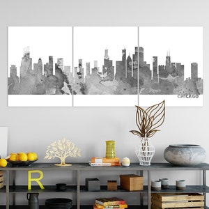 Trittico Skyline di Chicago, set di 3 stampe della città di Chicago, silhouette in bianco e nero, arte moderna da parete per casa, ufficio, decorazione digitale stampabile