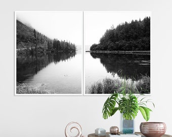Lake Print, Forest Digital Art, Water Lake Woodland Nature, Black White Set of 2, Modern Decor Home Room Wall Office Art, Printable Download