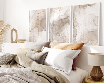 Conjunto abstracto de 3 láminas beige, láminas de pared con efecto mármol, decoración de pared para sala de estar en tonos beige neutros, arte de pared para dormitorio en tonos beige y dorado, arte imprimible