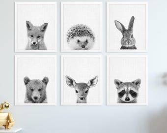 Woodland Nursery Decor, Baby Animals Print Set of 6, Bunny Fox Raccoon Deer, Black White Nursery Kids Baby Room Decor, Modern Printable Art