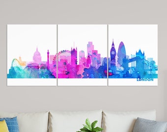 London Skyline Watercolor, Triptych Set of 3, London United Kingdom City Color Silhouette, Modern Home Room Wall Office Art, Printable Decor