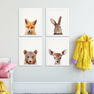 Decorazione per la cameretta dei bambini Woodland, set di 4 stampe di cuccioli di animali, coniglio volpe orso cervo, decorazione per la cameretta dei bambini Woodland Nursery, arte murale moderna stampabile