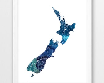 New Zealand Map Print, New Zealand Poster Print, New Zealand Blue Watercolor Print, Modern Room Home Wall Office Art Printable Digital Decor