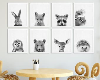 Woodland Nursery Decor, Baby Animals Print Set of 8, Bunny Fox Raccoon Deer, Black White Nursery Kids Baby Room Decor, Modern Printable Art