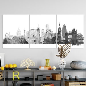 London Skyline Triptych, Set of 3, London City Print, Black White Silhouette, Modern Home Room Wall Office Art, Printable Digital Art Decor
