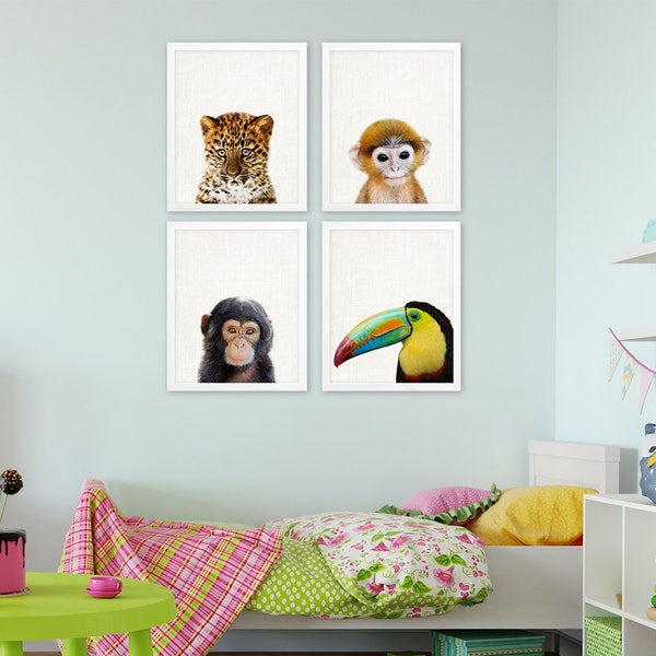 Jungle Animals Print, Animals Print Set of 4, Baby Leopard Chimpanzee Monkey Toucan, Cute Animals Nursery Decor, Modern Printable Wall Art