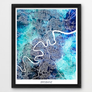 Impresión de mapa de Brisbane, póster de mapa de Brisbane (Australia), mapa urbano de Brisbane, impresión de acuarela azul, arte moderno para pared de casa y oficina, imprimible
