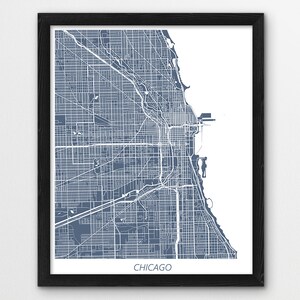 Impresión de mapa de Chicago, póster de mapa de Chicago, impresión de calles urbanas de Chicago, Illinois, mapa en color azul, decoración de pared para el hogar, oficina, arte imprimible