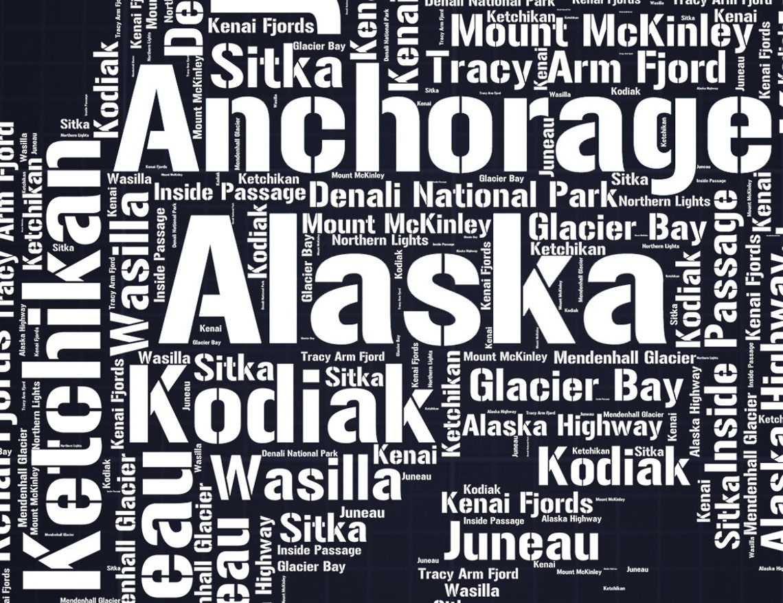 Alaska map print Word Art Typography Cities and Places Navy Etsy