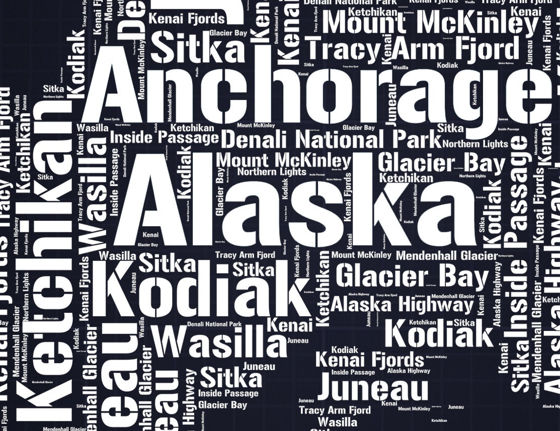 Alaska Map Print Word Art Typography Cities and Places Navy Etsy