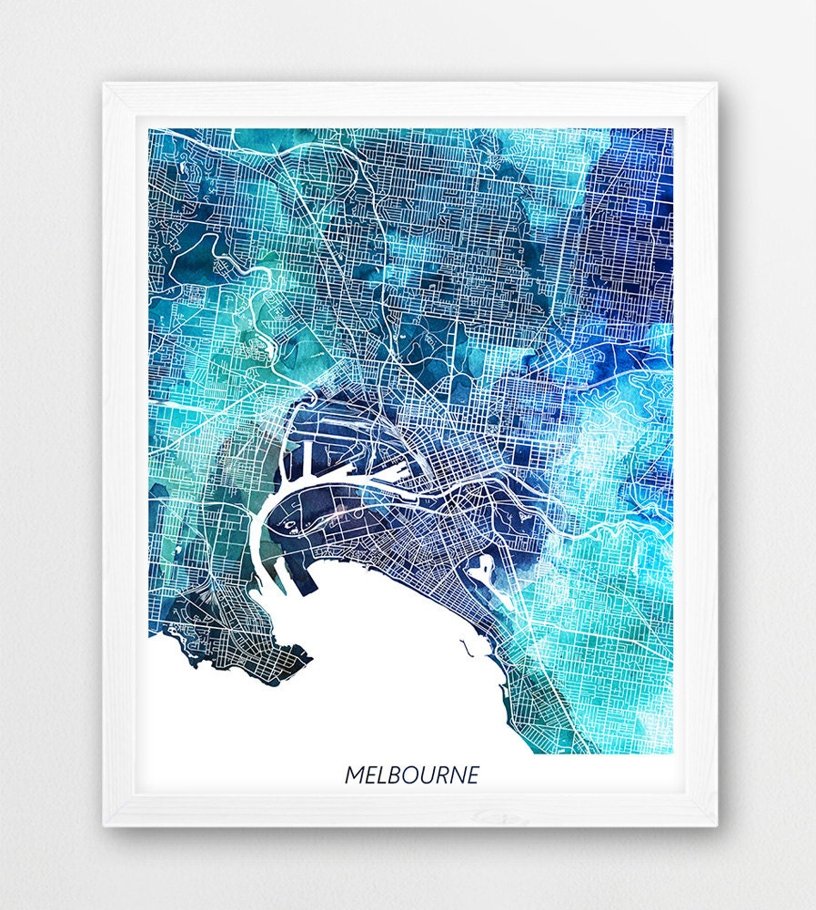 Melbourne Australia Map Art Print, Blue Watercolor (digital Download ...