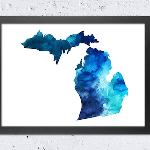 Michigan Map Print, Michigan Silhouette Print, Watercolor Blue Cyan Turquiose, Modern Wall Art Home Office Room Decor, Travel Gift, DIY Art