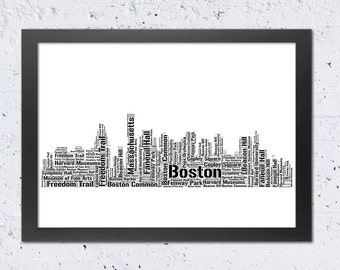 Boston Skyline Typography Print, Boston Digital Word Art print, Cityscape Black & White Text Print Home Wall Art Office Nursery Decor, DIY