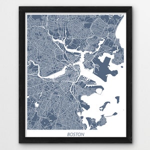 Impresión de mapa de Boston, impresión de póster de mapa de Boston, impresión de mapa de calles urbanas de Boston, mapa en color azul, decoración imprimible para la pared de la oficina, regalo de viaje