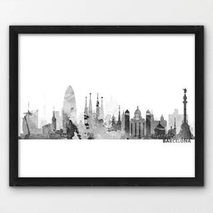 Barcelona Skyline Druck, Barcelona Spanien Aquarell Silhouette Druck, schwarz weiß grau, modernes Haus Büro Kunst, druckbare Reise-Dekor