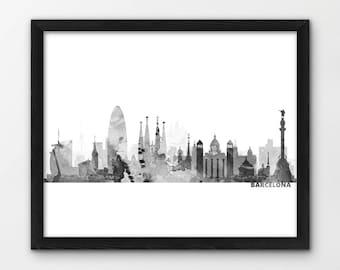 Barcelona Skyline Druck, Barcelona Spanien Aquarell Silhouette Druck, schwarz weiß grau, modernes Haus Büro Kunst, druckbare Reise-Dekor