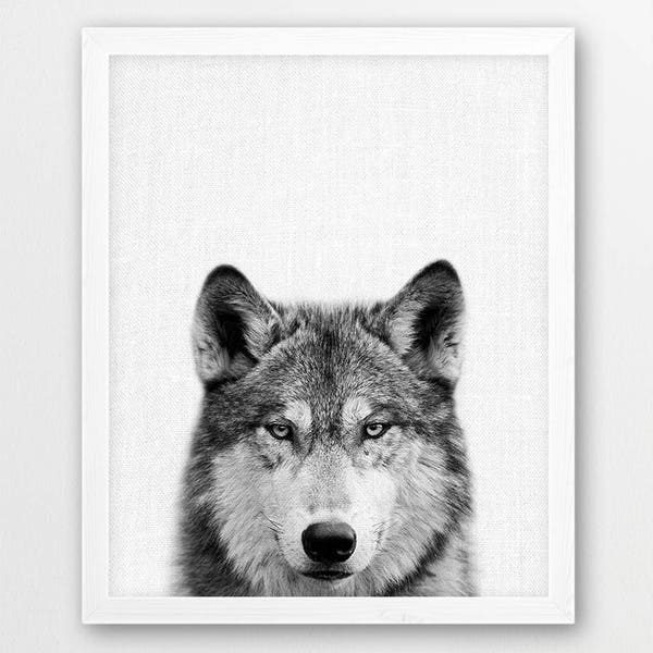 Wolf Print, Wolf Photo, Woodlands Forest Wild Animals Photo Print, Nursery Wall Art, Black White Photography, Kids Room Printable Art Decor