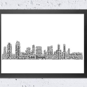 San Diego skyline print, San Diego, Californië typografie print, zwart-wit print, woorden tekst kunst, thuis muur kamer kantoorkunst, modern decor