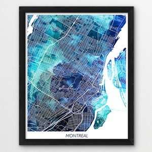 Impression d'affiche de carte de Montréal, impression de Montréal Canada, affiche de carte de rue urbaine de Montréal, impression aquarelle bleue, décoration imprimable de bureau mural maison
