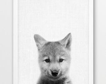 Wolf Puppy Photo Print, Black and White Nursery Wall Art (Digital Download)