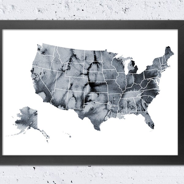 USA Map Print, Watercolor Silhouette, Black & White Art (Digital Download)