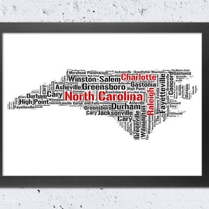 North Carolina Print, North Carolina Map print, Words Text Art Typography, Black and White, Modern Home Wall Office Room Nursery Art Decor