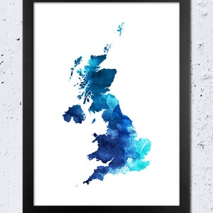UK Map Watercolor Print, United Kingdom Silhouette Map Print, Blue Cyan Color, Modern Wall Home Office Nursery Decor, Travel Gift, DIY Art