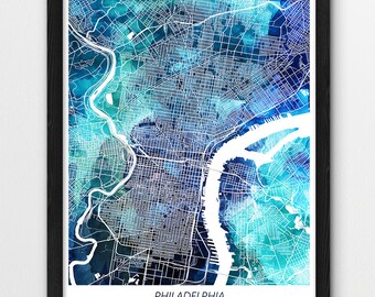 Philadelphia Map Art Print, Blue Watercolor Cityscape (Digital Download)
