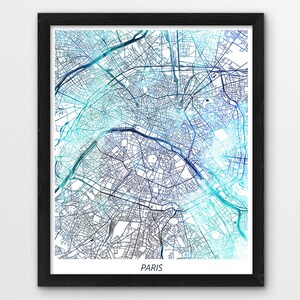 パリ地図プリント、パリ市ポスタープリント、パリフランス都市街路地図、青い水彩画プリント、ホームオフィス用印刷装飾、モダンな壁アート