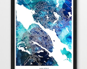 Halifax Map Print, Halifax Poster Print, Halifax Canada Urban Street Road Map, Blue Watercolor, Modern Home Wall Office Art, Printable Decor