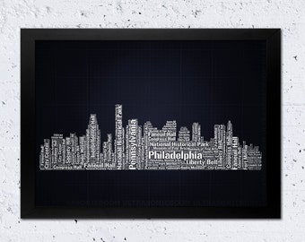 Philadelphia Skyline Print, Philadelphia Pennsylvania Print, Text Words Αrt Print, Navy Blue Black White, Modern Home Room Wall Office Art