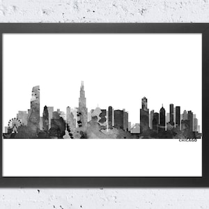 Chicago skyline print, Chicago Illinois silhouet print, stadsgezicht zwart-witte kleur, muur thuiskantoor kinderkamer decor, reiscadeau kunst