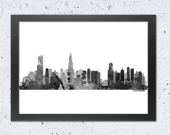 Chicago Skyline Print, Chicago Illinois Silhouette print, Cityscape Black and White Color, Home Wall Office Nursery Decor, Travel Gift Art