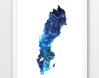 Watercolor Sweden Map Print, Navy Blue Wall Art (Digital Download)