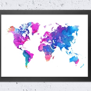 World Map Print, World Map Silhouette Watercolor Violet Pink Blue Cyan, Modern Wall Art Home Office Decor Travel Gift DIY Digital Print