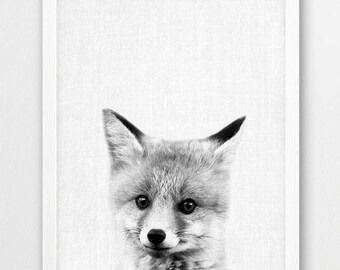 Fox Print, Cute Baby Fox Print, Woodlands Forest Animals Art Photography, Black White Fox Photo Print,Printable Nursery Kids Room Wall Decor