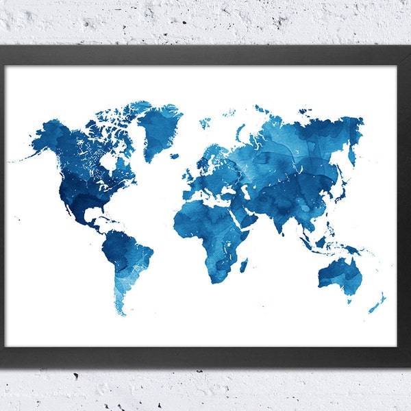 World Map Print, World Map Blue Watercolor Silhouette Print, Blue Cyan White, Modern Wall Art Home Office Decor, Travel Gift DIY digital Art