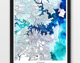 Sydney Map Print, Sydney Australia Poster Print, Sydney Urban Street Map Print, Blue Watercolor Print, Home Wall Office Printable Art Decor